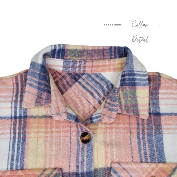 WOMEN’S CASUAL PINK  MULTI PLAID FLANNEL SHACKET JACKET OVERSIZED - Picture 9 of 11